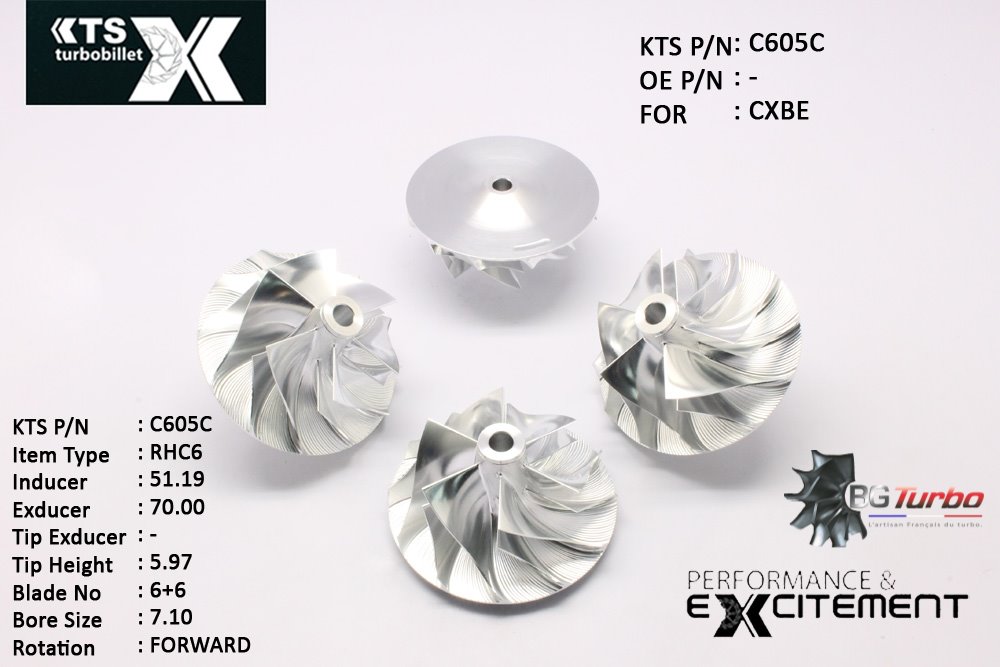 Turbo ROUE FORGÉE MFS PERFORMANCE - 6+6 PALES - INDUCER : 51,186 - EXDUCER : 70 - TYPE : RHC6ANGLE : 50° - ROTATION : Forward - SUPER BACK : 4,18 - BORE SIZE : 7,1
